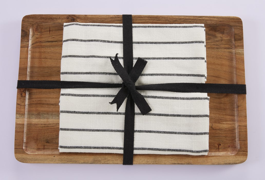 Kitchen Towel With Wooden Tray - 100 % Cotton Stripes- Ivory / Black